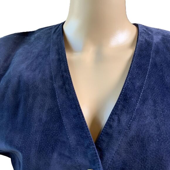 Danier Blue 5-Button V-Neck Long Sleeve Genuine Leather Blazer Jacket VTG Med - Picture 2 of 14